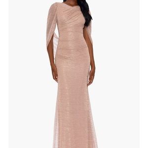 NWT BETSY & ADAM
Metallic Cape-Sleeve Gown - Champagne/RoseGold